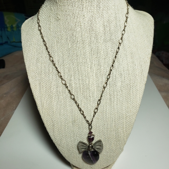 Vintage Amethyst Heart with Silver Mesh Bow Necklace on Sterling - Picture 5 of 14
